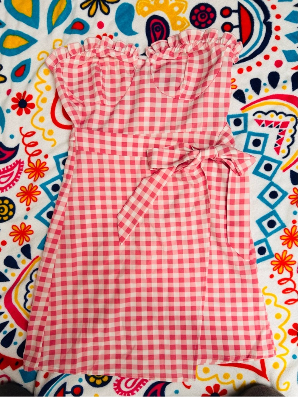 Pink Gingham Strapless Tie-Waist Dress